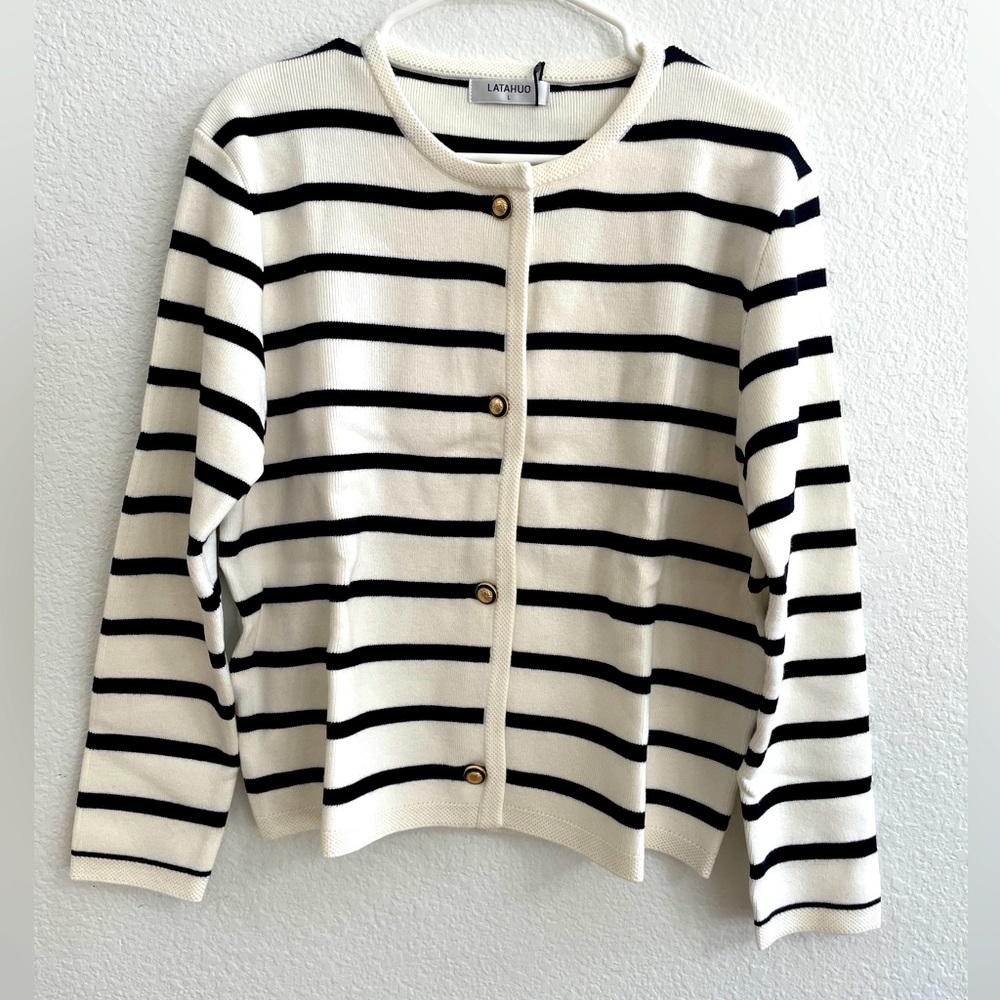 Beautiful cream and may striped lady sweater jacket